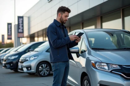 Jeune homme avec tablette devant voiture neuve en concession