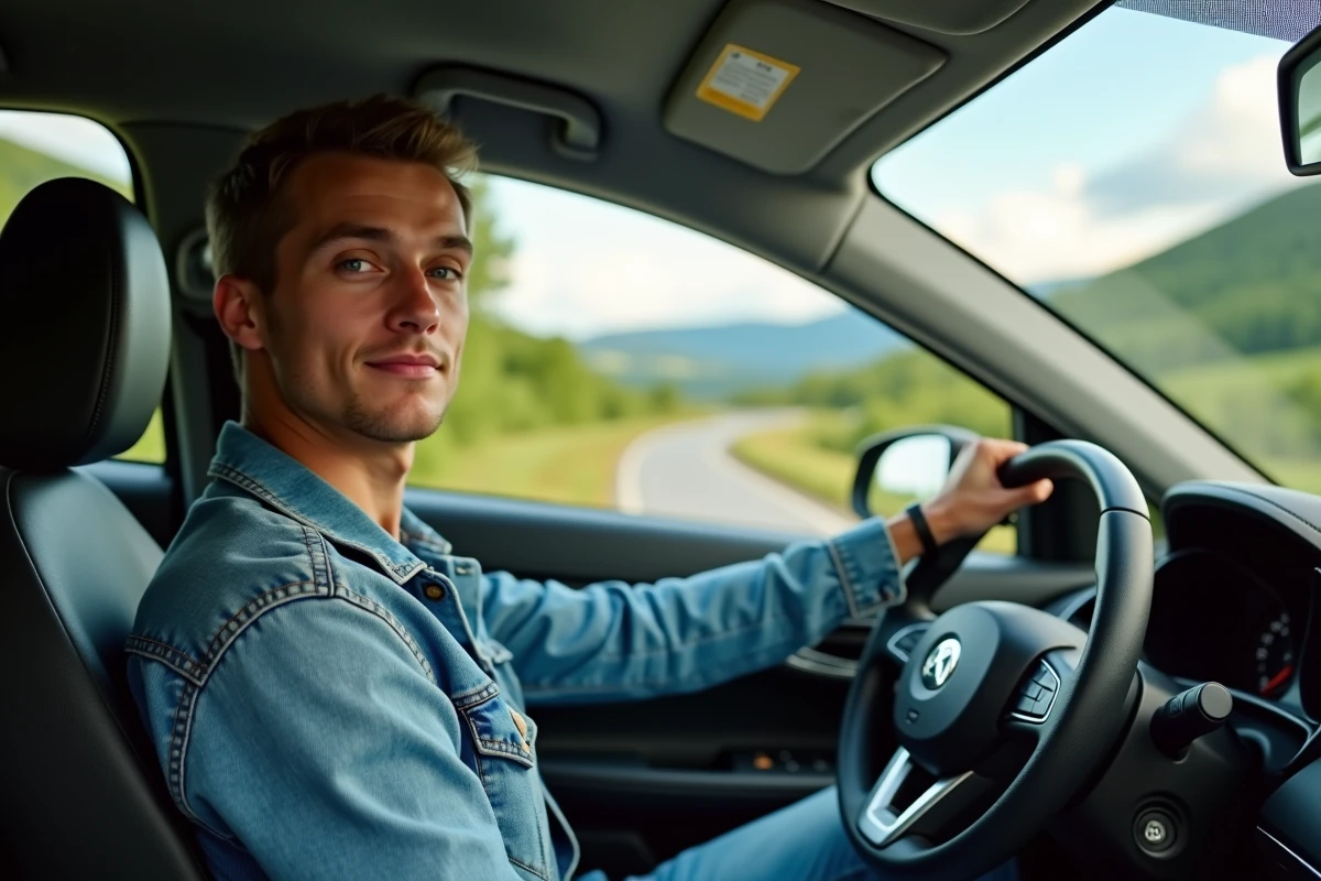 Jeune homme dans sa voiture au bord d une route rurale