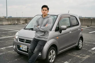 Jeune homme appuyé contre une voiture sans permis de style JDM dans un parking urbain