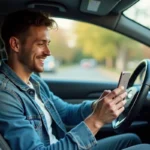 Jeune homme souriant dans sa voiture avec smartphone en main