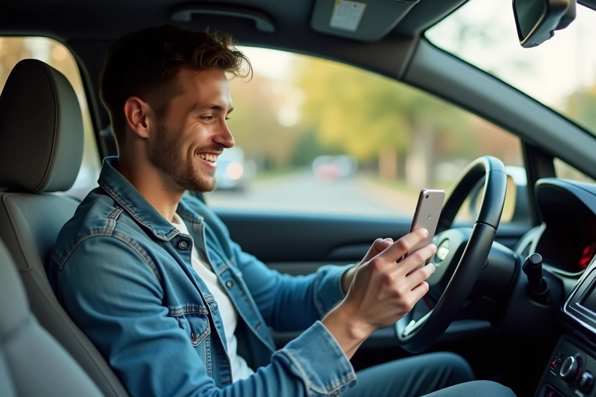 Jeune homme souriant dans sa voiture avec smartphone en main