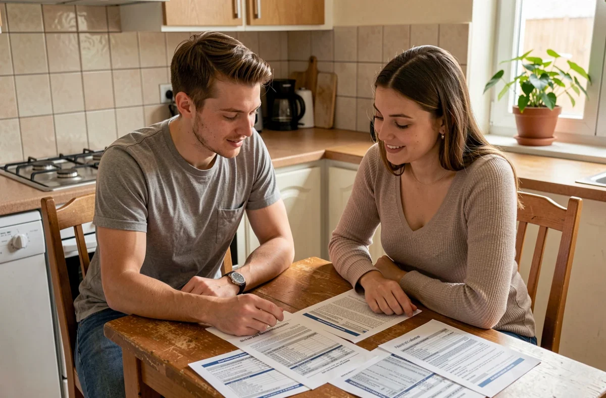 Deux jeunes conducteurs qui analysent ensemble des devis d'assurance auto posés sur une table de cuisine
