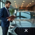 Journaliste automobile consultant un lexique de marques de voitures en X dans un showroom moderne