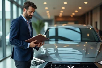 Journaliste automobile consultant un lexique de marques de voitures en X dans un showroom moderne