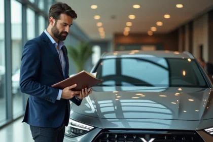 Journaliste automobile consultant un lexique de marques de voitures en X dans un showroom moderne