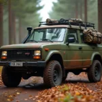 Lada Niva 4x4 garé sur un chemin forestier boueux en automne avec équipement de chasse visible