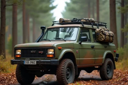 Lada Niva 4x4 garé sur un chemin forestier boueux en automne avec équipement de chasse visible