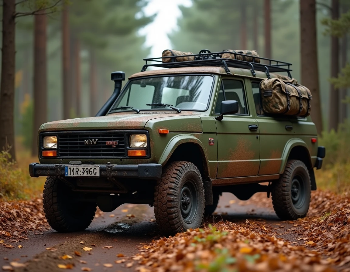 Lada Niva 4x4 garé sur un chemin forestier boueux en automne avec équipement de chasse visible