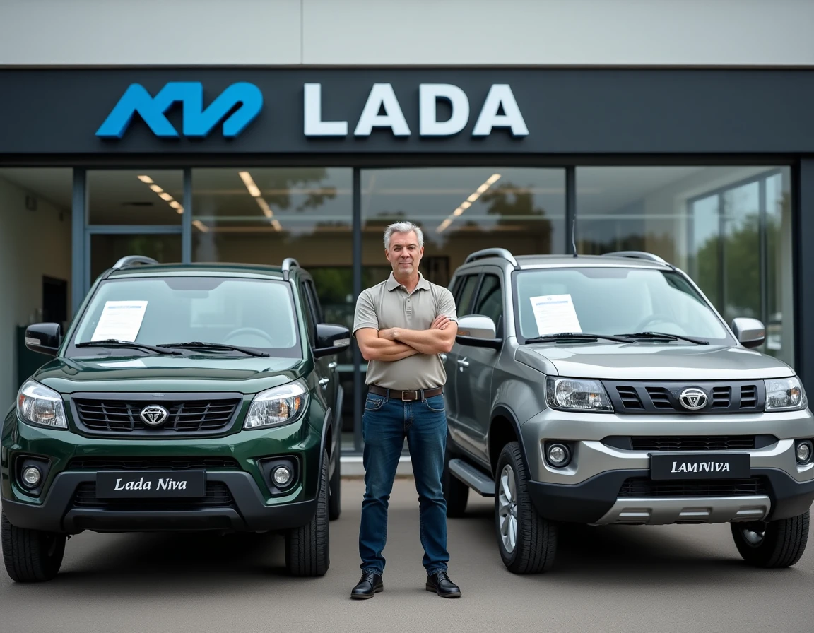 Deux modèles de Lada Niva 4x4 exposés chez un concessionnaire avec affichage des prix en 2026