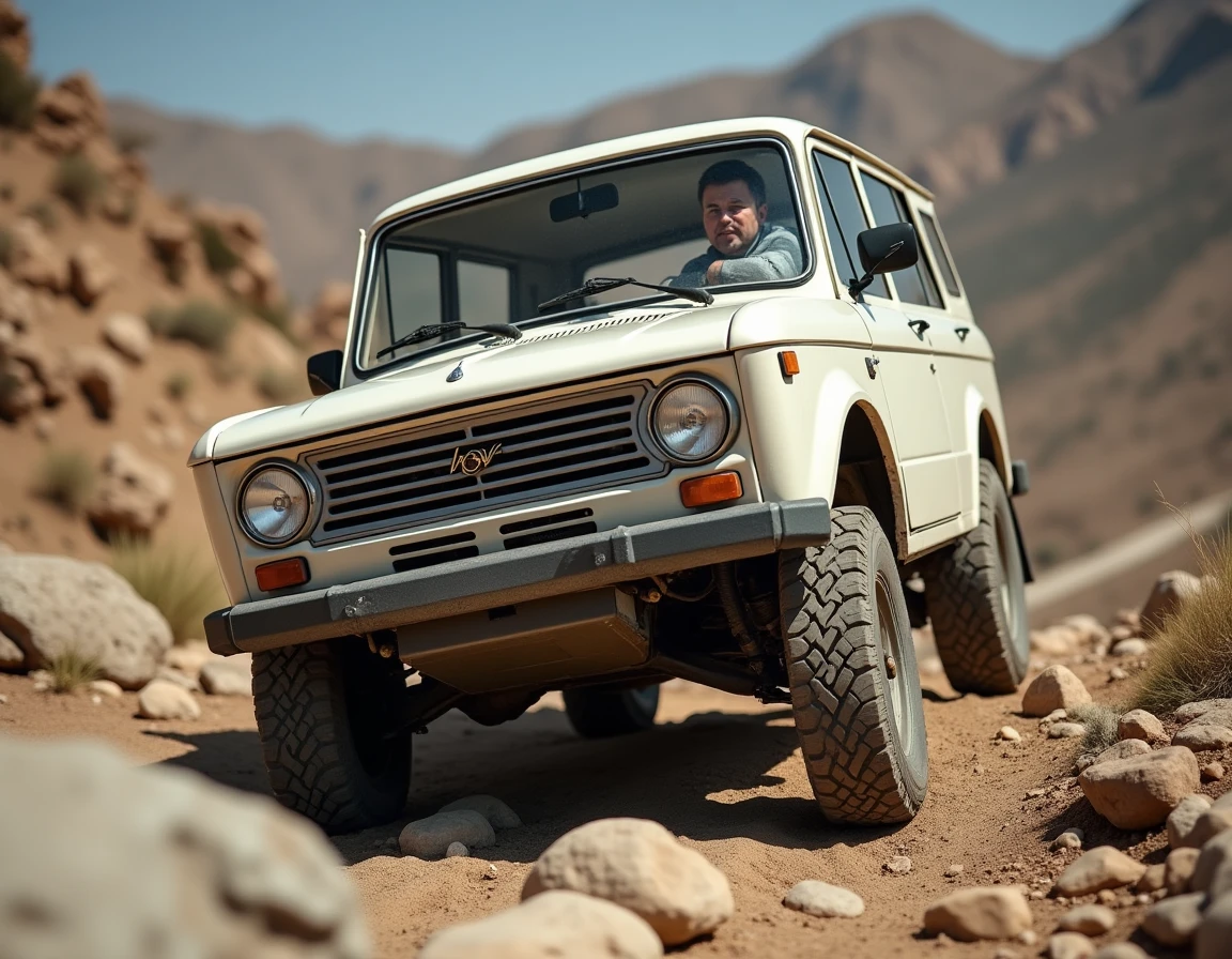 Lada Niva 4x4 en train de gravir un terrain rocheux escarpé en montagne lors d'une sortie off-road