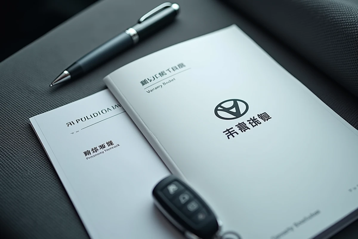Livret de garantie et carnet de service d'une marque automobile chinoise photographiés en détail sur une surface texturée