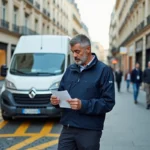 Livreur en uniforme stationné sur une place de livraison à Paris avec van blanc et marquage au sol jaune