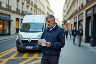 Livreur en uniforme stationné sur une place de livraison à Paris avec van blanc et marquage au sol jaune