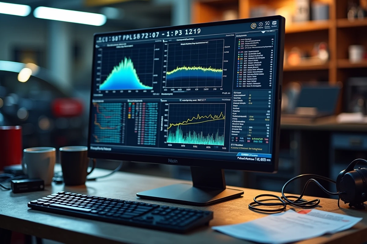 Écran d'ordinateur affichant un logiciel de reprogrammation moteur avec courbes de couple et paramètres ECU dans un atelier automobile
