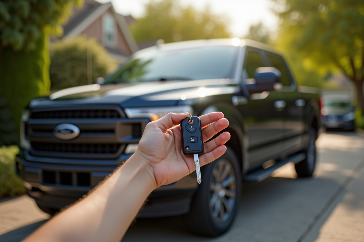 Mains tenant des clés de voiture devant un pickup brillant dans une cour résidentielle