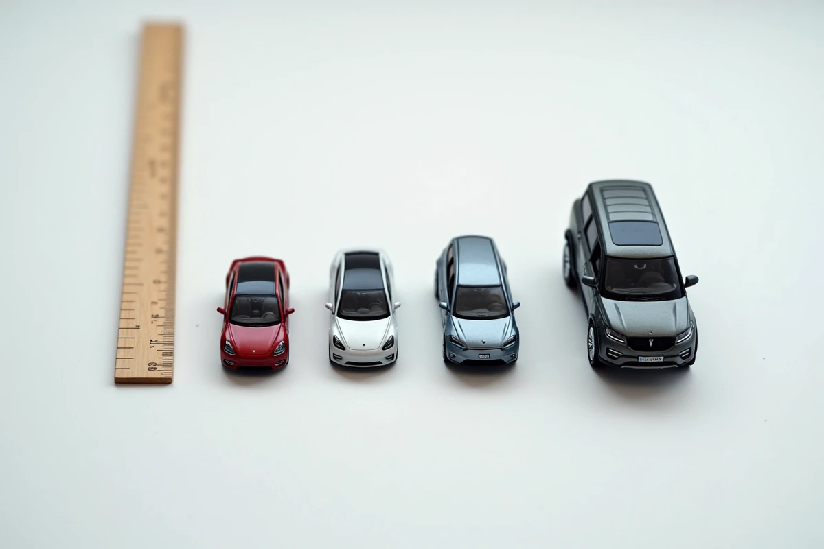 Vue aérienne de maquettes de voitures en rang illustrant la comparaison de dimensions entre différents gabarits automobiles