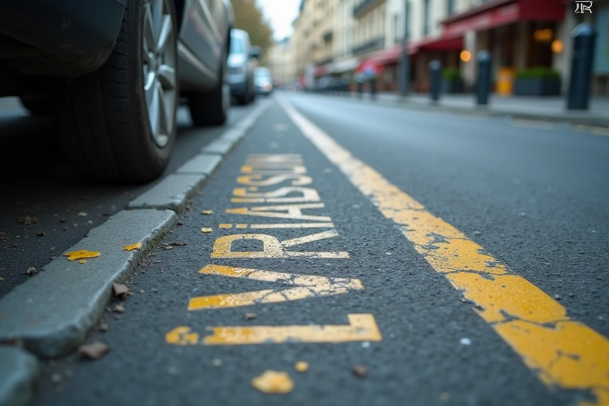 Marquage au sol place de livraison à Paris avec lignes jaunes pointillées et inscription LIVRAISON sur asphalte