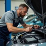 Mécanicien homme inspectant un moteur de voiture en atelier
