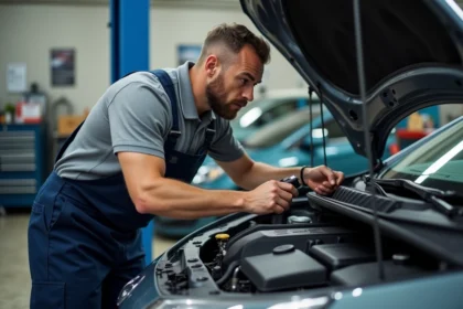 Mécanicien homme inspectant un moteur de voiture en atelier