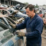 Mécanicien inspectant des pièces automobiles dans une casse auto à Lille