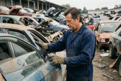 Mécanicien inspectant des pièces automobiles dans une casse auto à Lille