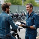 Mécanicien inspectant une moto avec un jeune motard en extérieur