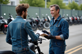 Mécanicien inspectant une moto avec un jeune motard en extérieur