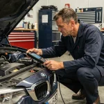 Mécanicien diagnostiquant une BMW avec un scanner OBD dans un garage professionnel, voyant moteur allumé