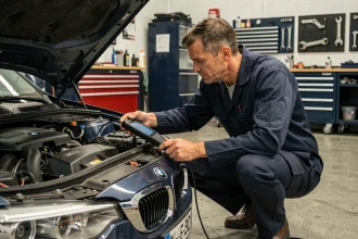 Mécanicien diagnostiquant une BMW avec un scanner OBD dans un garage professionnel, voyant moteur allumé