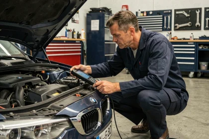 Mécanicien diagnostiquant une BMW avec un scanner OBD dans un garage professionnel, voyant moteur allumé