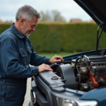 Mécanicien homme inspectant un moteur diesel en extérieur