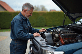Mécanicien homme inspectant un moteur diesel en extérieur