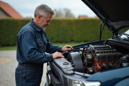 Mécanicien homme inspectant un moteur diesel en extérieur