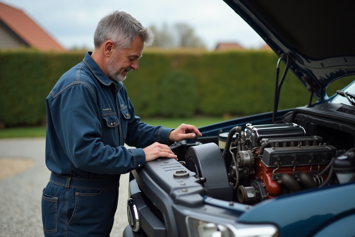 Mécanicien homme inspectant un moteur diesel en extérieur