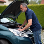 Homme d'âge moyen examine le moteur d'une voiture française