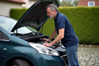 Homme d'âge moyen examine le moteur d'une voiture française