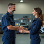 Mécanicien homme et femme se serrant la main dans un garage propre