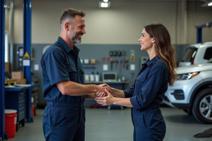 Mécanicien homme et femme se serrant la main dans un garage propre