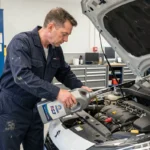 Mécanicien versant de l'huile moteur conforme PSA dans le moteur d'une Peugeot 208 essence en atelier