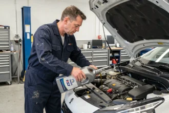 Mécanicien versant de l'huile moteur conforme PSA dans le moteur d'une Peugeot 208 essence en atelier