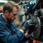 Mécanicien inspectant les freins d'une moto dans un atelier professionnel lors d'un contrôle technique