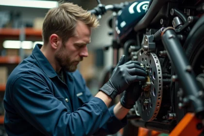 Mécanicien inspectant les freins d'une moto dans un atelier professionnel lors d'un contrôle technique