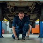 Mécanicien professionnel inspectant le train arrière d'une Peugeot 206 sur pont élévateur dans un atelier automobile