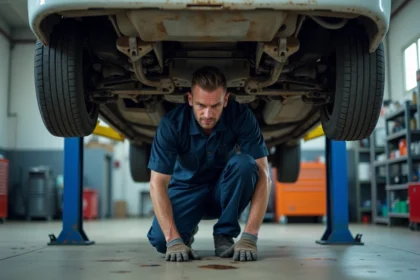 Mécanicien professionnel inspectant le train arrière d'une Peugeot 206 sur pont élévateur dans un atelier automobile