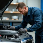 Mécanicien inspectant le moteur BMW B47 dans un atelier automobile professionnel