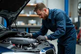 Mécanicien inspectant le moteur BMW B47 dans un atelier automobile professionnel