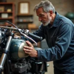 Mécanicien homme en tenue dans un garage ancien inspectant une moto vintage
