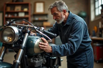 Mécanicien homme en tenue dans un garage ancien inspectant une moto vintage