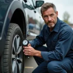 Mécanicien homme en overalls vérifiant la pression d'un pneu