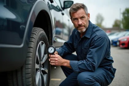 Mécanicien homme en overalls vérifiant la pression d'un pneu